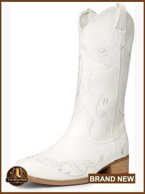Square Toe Cowboy Boots Low Chunky Heel Mid Calf Embroidered Western Boots